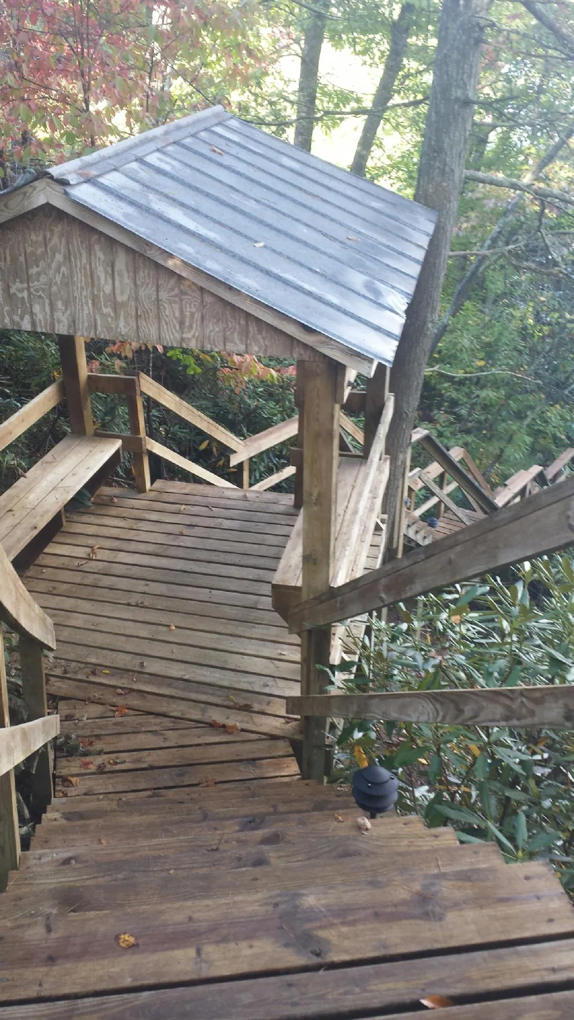 Metal roofed shelter over wooden steps on a wooded walkway — Skylight Repair & Installation work by our crew in Eminence
